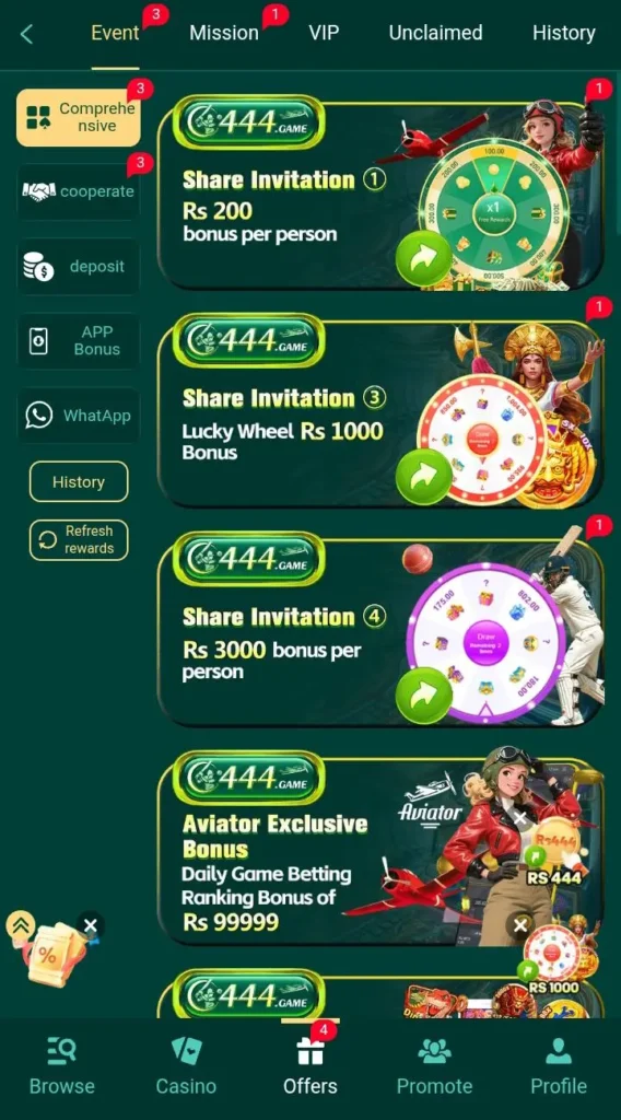 Bonus and events on 444 game